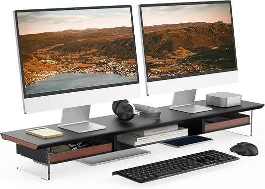 Fenge 42.5” Dual Monitor Stand Riser with 2 Felt-Lined Drawers, Aesthetic Metal and Wood Monitor Shelf with Acrylic Legs, 2-Tier Desk Organizer for 2 Monitors, Laptop, Printer, TV, Black