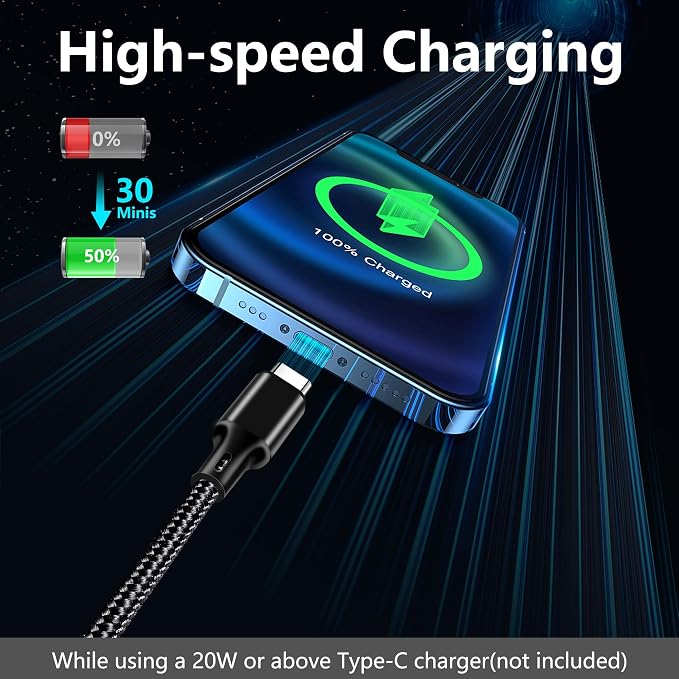 USB C to USB C Charger Cable, 3Pack 6FT Type C Fast Charging Cord Compatible for iPhone 15/16/17/Pro/Max/Plus, iPad Pro Air Ps5 Controller Samsung Galaxy - Black