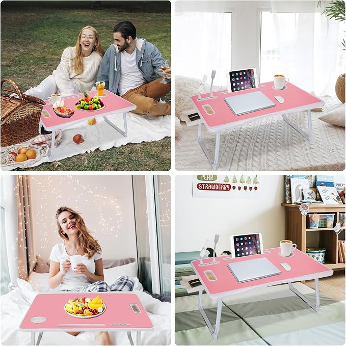 Laptop Bed Table, Laptop Desk for Bed, Foldable Laptop Bed Desk with USB Charge Port, Handle, Desktop Card Slot, Cup Slot, Side Drawer, Portable Laptop Table for Bed Eating Reading Working