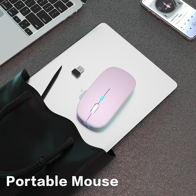 AIKOKOK Wireless Bluetooth Mouse, Rechargeable, Dual Mode Bluetooth 5.2 & 2.4G USB, LED Lights, Slim, Silent, Portable Computer Mouse for Laptop, PC, MacBook, iPad, Tablet (Pink)