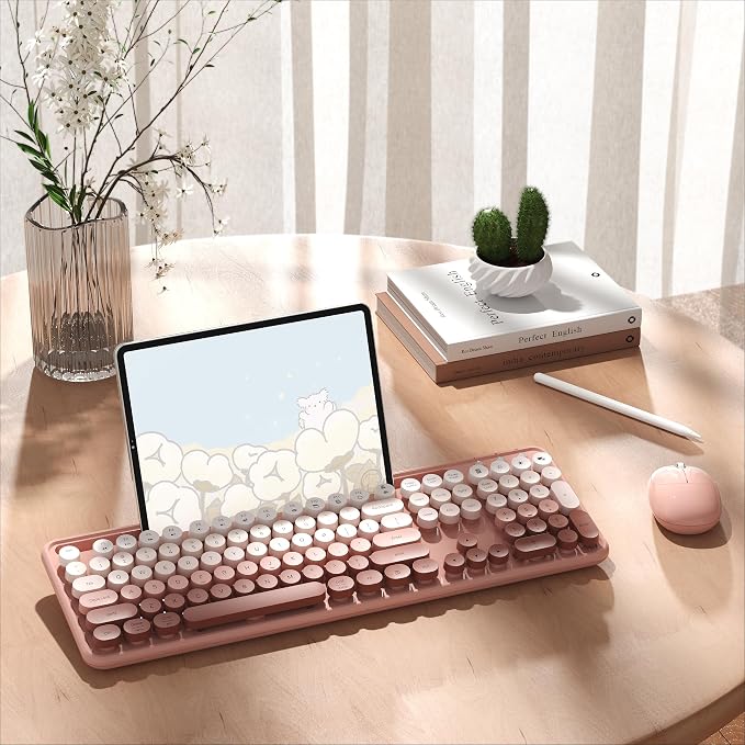 MPTOG Colorful Wireless Computer Keyboard and Mouse Combo with Phone Holder, Wrist Rest, Typewriter Keys, 2.4GHz Wireless, Full-Sized Optical Mouse for PC and Laptop(Peach Colorful)