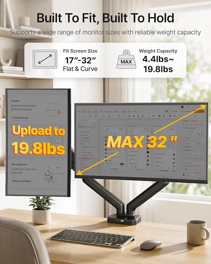 monTEK Heavy Duty Dual Monitor Arm with USB/Audio Ports for 17-32” Screens, Premium Mechanical Spring Monitor Arm up to 19.8 lbs, Full Motion Monitor Desk Mount, VESA 75/100 mm, Clamp/Grommet