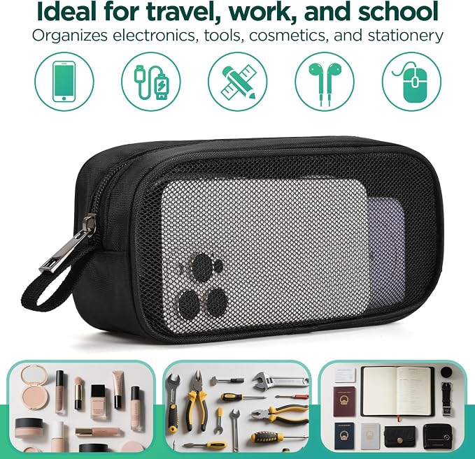 Breathable Mesh Nylon Travel Organizer - Portable Cable pouch & Tool Case for Laptop Charger, Mouse, Power Bank, USB Cords, Adapters, Small Tools. Compact & Lightweight. Black