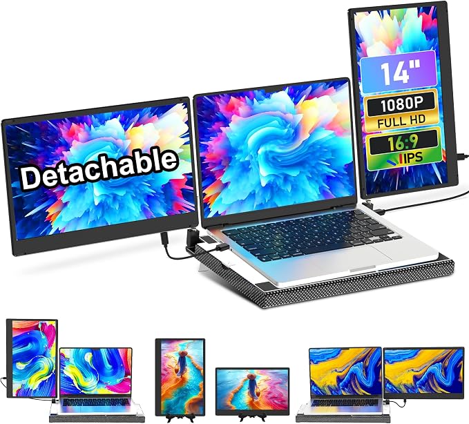 Laptop Screen Extender, 14 Inch Portable Monitor FHD 1080P, 360° Rotatable with Metal Stand, Plug & Play via USB-C/HDMI, for Windows/Mac/Android/PS5