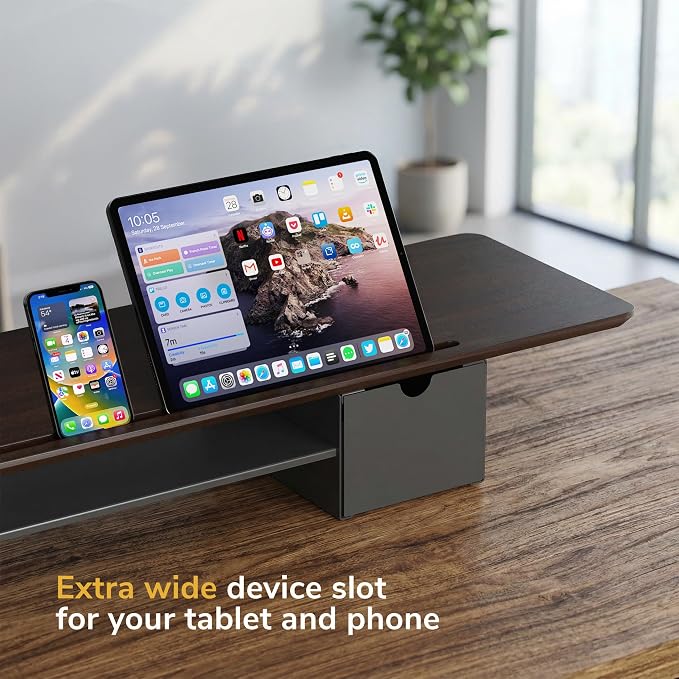 Mount-It! Extra Wide 39" Dual Monitor Stand Riser with 2 Drawers, Holds 66 lbs, Real Wood Platform, Built-In Device Slot, Removable Shelf, Home Office Desk Organizer