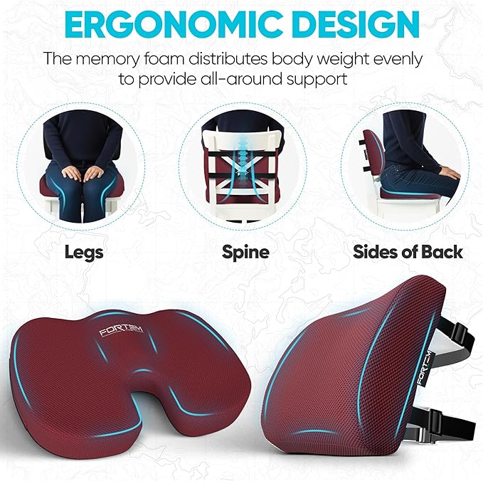 FORTEM Seat Cushion, Office Chair Cushion, Lumbar Support Pillow for Office Chair, Memory Foam Car Seat Cushions, Sciatica Coccyx Tailbone Pain Relief, Cushions for Back Support, Washable, Non Slip