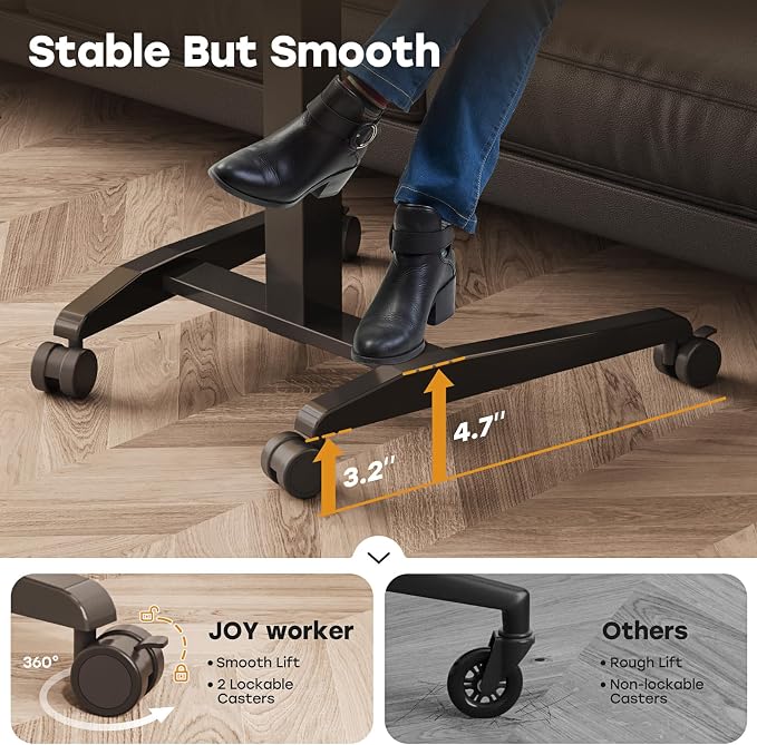 JOY worker Height Adjustable Rolling Laptop Desk with Shelf,Mobile Standing Desk,Pneumatic Mobile Laptop Table with Wheels for Couch Home Office School,Holds Up to 22lbs,Dark Walnut