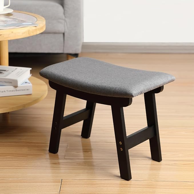 BAMBOO LAND- Bamboo Foot Stools Ottoman, Gray Cushion & Black Wood Legs, Small Ottoman Foot Rest for Couch
