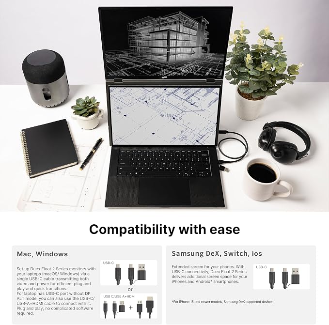 New Mobile Pixels Duex Float 2 Pro 2.5 K Portable Monitor, 16" Laptop Screen Extender (Built-in Kickstand), USB C/HDMI Stacked Monitor Extender with Dual Speakers, Windows, MacOS, Switch, Android