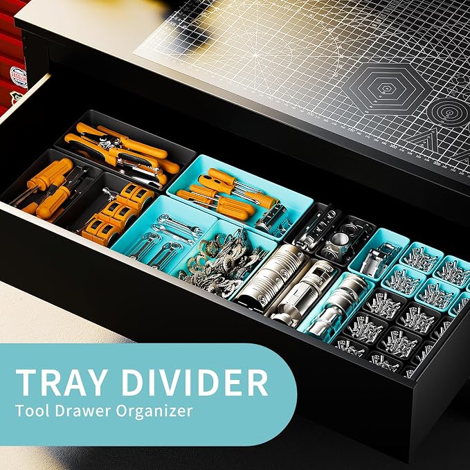 [5 Sizes] [69 PCS] Tool Drawer Organizer, Tool Box Desk Drawer Tray, Rolling Tool Chest, Toolbox Organizer (Black+ Sky Blue)