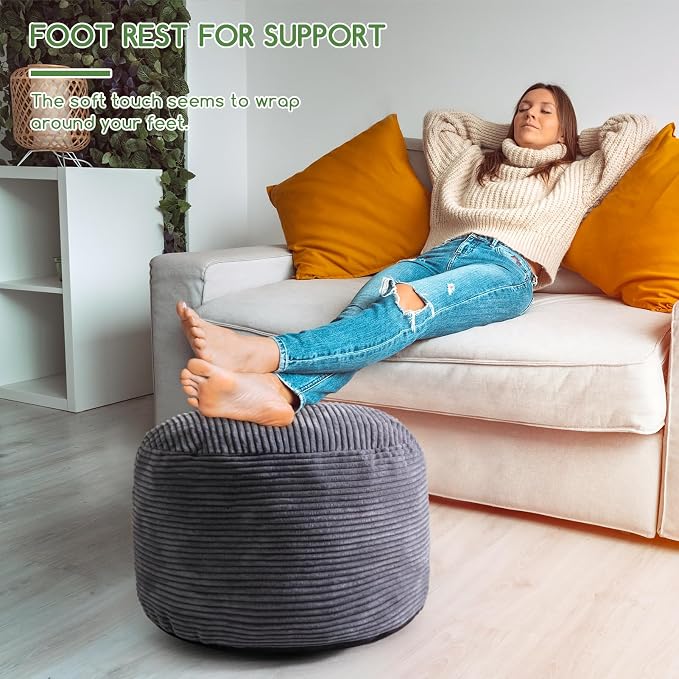 HIGOGOGO Round Stuffed Pouf Ottoman, Corduroy Poufs with Foam Chunk Filling, Furry and Fluffy Pouf Foot Stool Storage Ottoman, 20 X 15 Floor Poufs Foot Rest for Living Room, Dark Grey