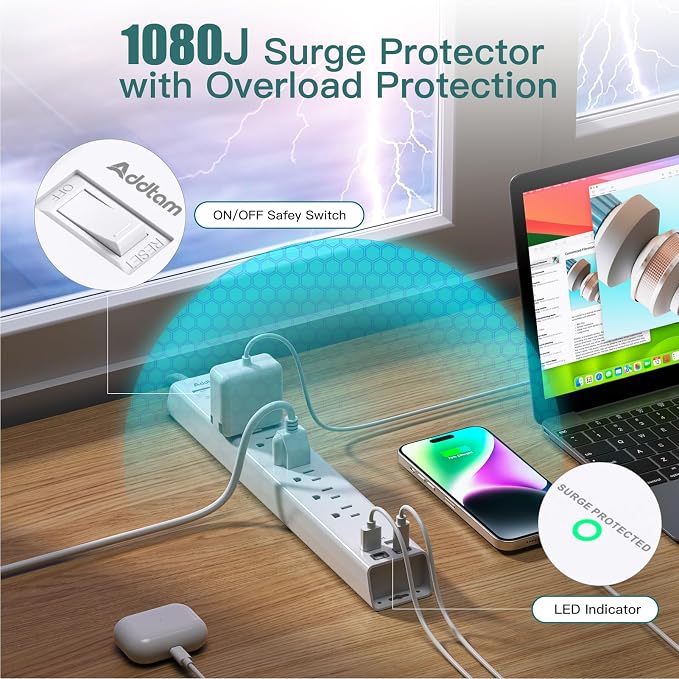 Addtam 20ft Extra Long Power Strip Surge Protector, 6 Outlets and 4 USB Ports (2 USB C), Ultra Flat Plug Wall Mount, Multi Plug Outlet Extender Desktop Charging Station for Home, Office, Garage