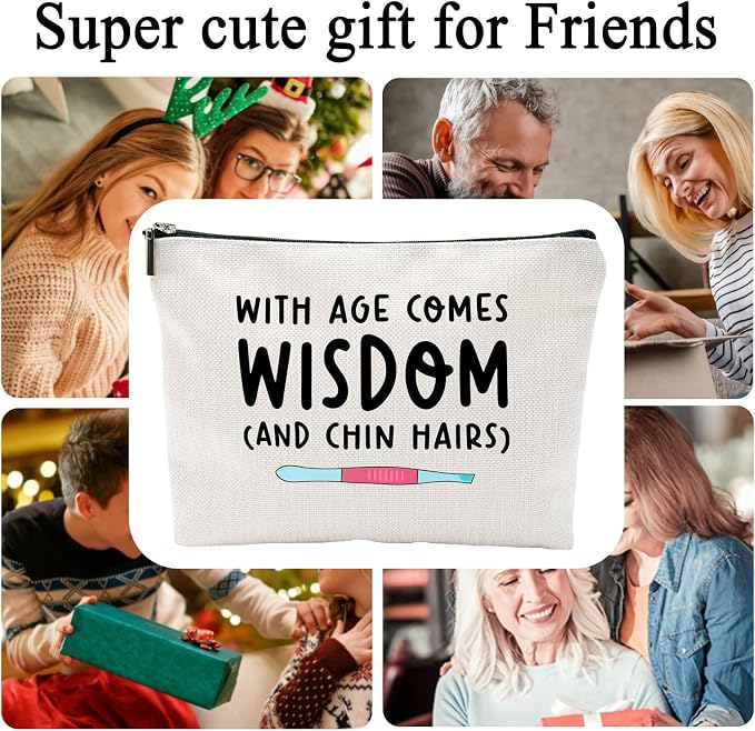 ZUYUROU Funny Makeup Bag for Women Birthday Gifts Best Friend Mom, Travel Cosmetic Pouch Organizer for Toiletries, With Age Comes Wisdom Humor Gift