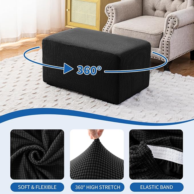 Ottoman Covers Ottoman Slipcovers Folding Storage Stool Washable Furniture Protector,Elastic Foot Stool Foot Rest Protector for Living Room Bedroom,Medium,Black