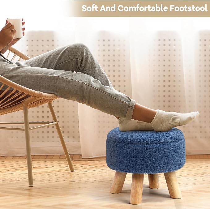 OGEMXU Ottoman Foot Rest, Small Round Ottoman with Storage, Boucle Teddy Velvet Footstool with Wood Legs, Soft Sponge Storage Ottoman for Living Room, Bedroom, Couch, Enterway (Dark Blue)