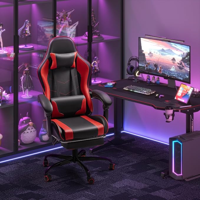 Homall Gaming Chair, Video Game Chair with Footrest and Massage Lumbar Support, Ergonomic Computer Chair Height Adjustable with Swivel Seat and Headrest (Red)