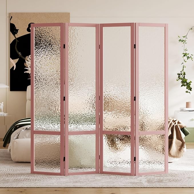 Acrylic Room Divider, 4-Panel Freestanding Partition Screen, Frosted Translucent Privacy Panel - Lightweight Modern Divider for Home Office Studio (Rose Gold, 4 Panels)