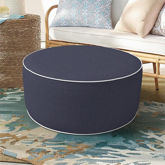 DYTXIII Inflatable Ottoman Stool D21 xH9 for Outdoor/Indoor Use, Water Repellent Patio Foot Rest Stool with Portable Handle,Round Pouf Ottoman Suitable for Garden,Deck and Camping - Textured Navy