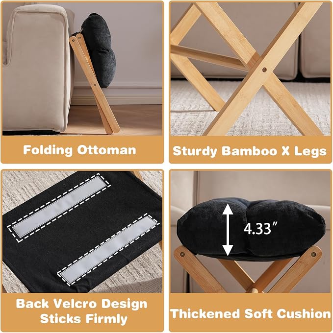 Baveke Ottoman Foot Rest- Bamboo Foldable Stool, Foot Stools Small Ottman with Upholstered & X Legs, Folding Stool for Makeup, Bedroom and Living Room (Black)