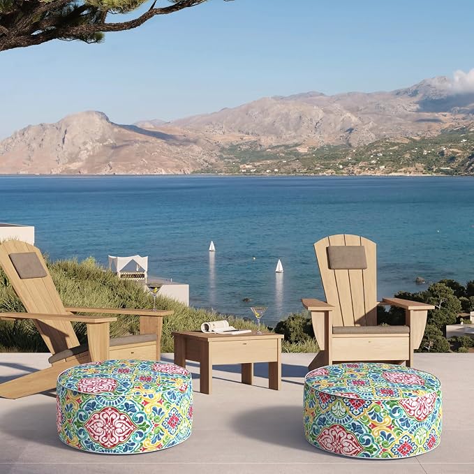 DYTXIII Inflatable Ottoman Stool D21 xH9 for Outdoor/Indoor Use, Water Repellent Patio Foot Rest Stool with Portable Handle,Round Pouf Ottoman Suitable for Garden,Deck and Camping - Damask Red