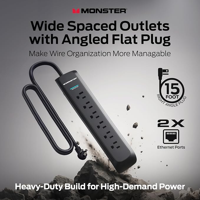 Monster Surge Protector Power Strip, 6 Outlets, 120V, 15A, 15 ft Cord with Right Angle Plug, Type A/B Plug, 300 Joules, On/Off Switch, Black