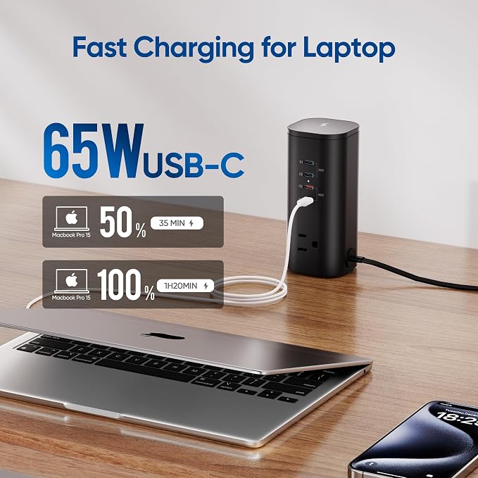 TenTrend Power Strip Tower Surge Protector, 115W Fast Charging Station with 3AC Outlets & 8 USB Ports (4 USB-C), 5FT Extension Cord Flat Plug for Home, Office, Dorm Room