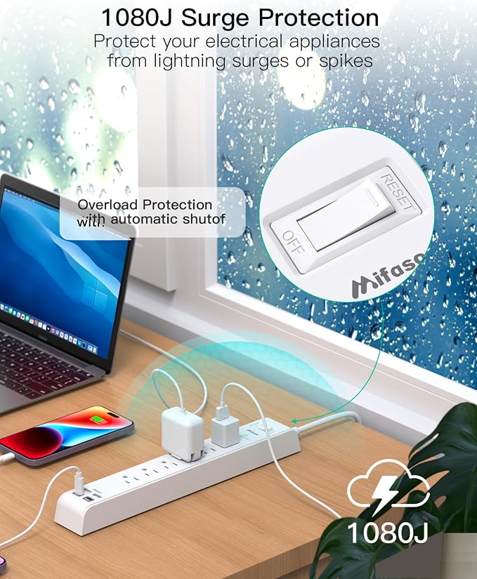 2 Pack Power Strip, 5FT Extension Cord, Surge Protector with 6 Outlets and 4 USB Ports (2 USB C), Flat Plug Overload Protection, Extension Cord with Multiple Outlets, Wall Mount for Home Dorm College