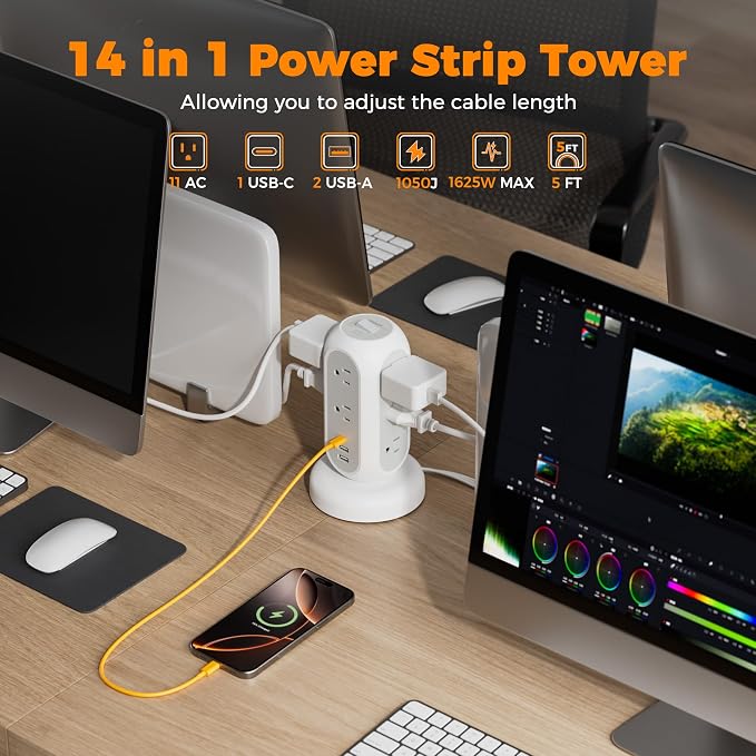TESSAN Tower Power Strip Flat Plug with 11 Outlets 3 USB (1 USB C), Surge Protector Tower 1625W/13A,1050J Protection, 5 Ft Retractable Extension Cord with Multiple Outlets, Office Desk Supplies, Grey
