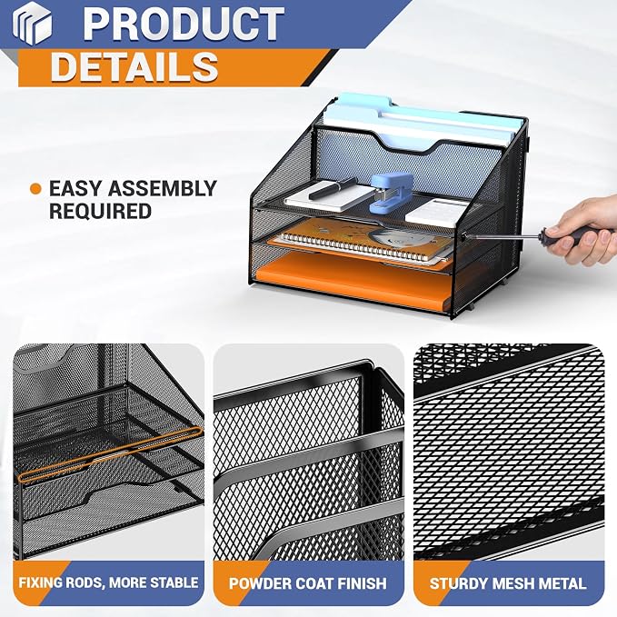 GAWERK Letter Tray Organizer, Mesh Desk File Organizer with 3 Paper Trays and 2 Vertical Upright Section (Silver)