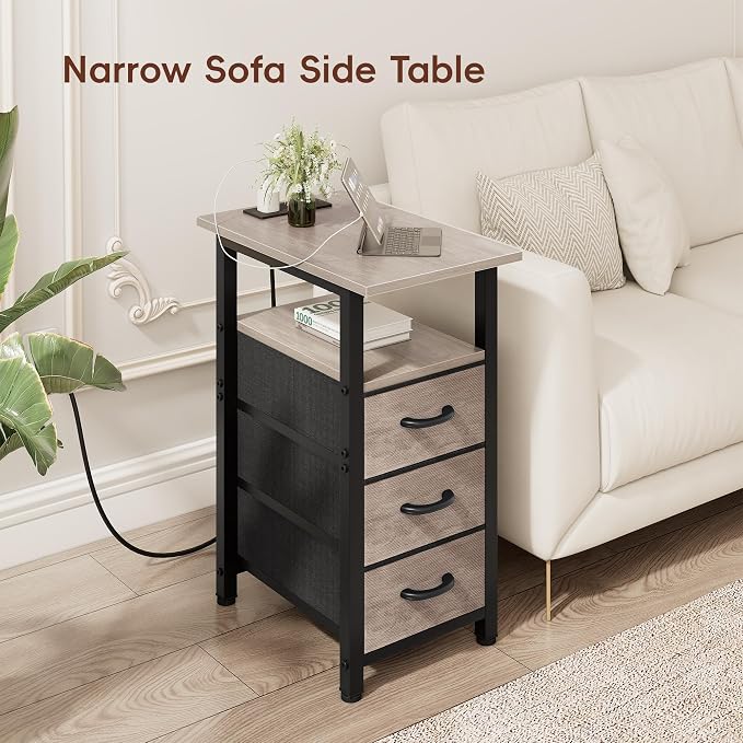 Vagusicc Set of 2 Narrow Nightstand with Charging Station, Slim Dresser for Bedroom Narrow Side Table Storage Cabinet with 3 Drawers, Tall Night Stand End Table for Small Spaces, Greige