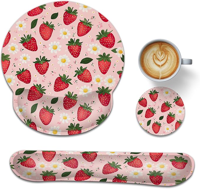 Ergonomic Memory Foam Wrist Rest Set for Keyboard and Mouse,Cute Strawberry Flower Supportive Mouse Pad with Non Slip Base for Office Work and Gaming