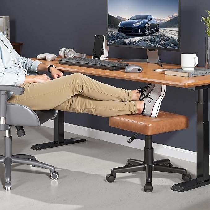 VECELO Under Desk Footrest, PU Ergonomic Foot Rest with Wheels, Comfort Padding, Height Adjustable for Relieving Leg Pain, Stiffness, and etc, Brown