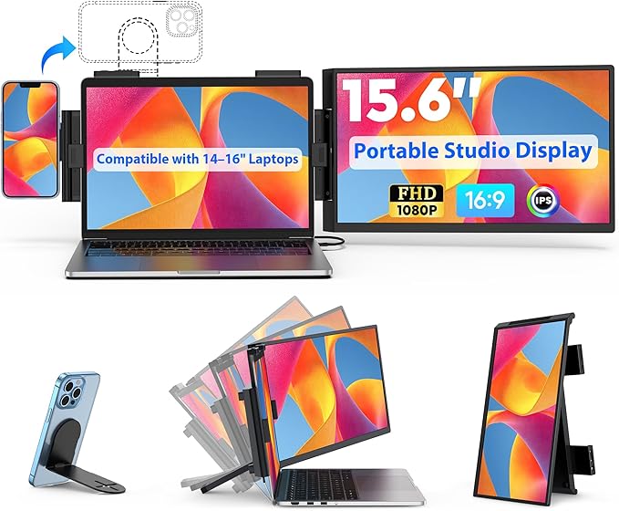 HONGO Portable Studio Display 15.6" FHD IPS 1080P Monitor — Laptop Screen Extender & Phone/Pad Mount for 14–16" Laptops, Turn Phone into Webcam + Keyboard Control (Third‑Party App Required)