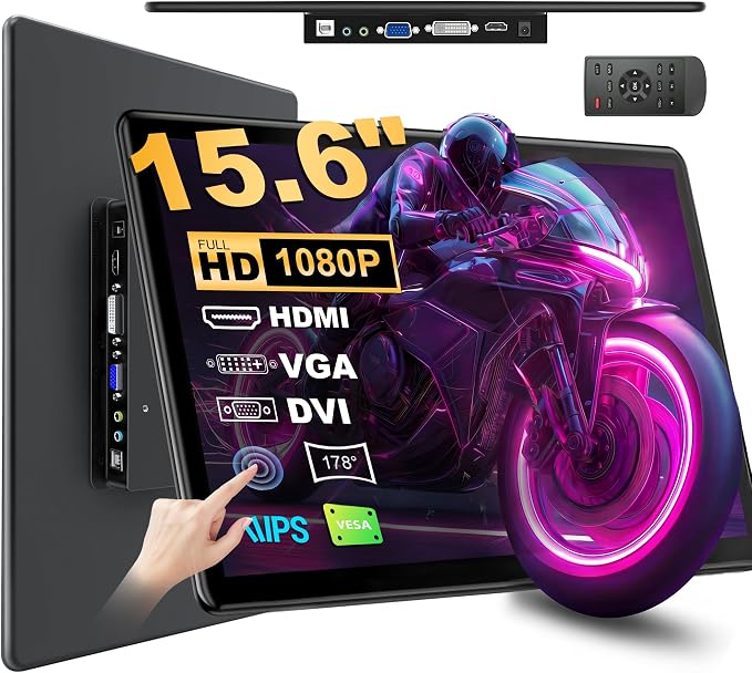15.6" Touchscreen Monitor - HDR 1080P IPS with VGA DVI HDMI VESA Dual-Speaker,10-Point Industrial Touch screen Monitor with Remote Control for PC,Laptop,RPi,POS,Kiosk,Home,Industrial(dark black)