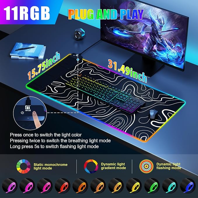 Mouse Pad with Phone Holder, Wireless Charging Desk Mat, RGB Gaming Mousepad Home Office Large Desk Pad with Ultra-Smooth Surface, Non-Slip Base, Waterproof Keyboard Pad,Topographic Black