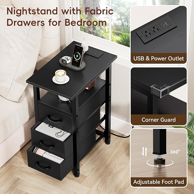 Vagusicc Set of 2 Black Nightstand with Charging Station and LED Lights, Narrow End Table, LED Night Stand with 3 Fabric Drawers for Bedroom, Small Bedside Table, Narrow Side Table for Small Spaces