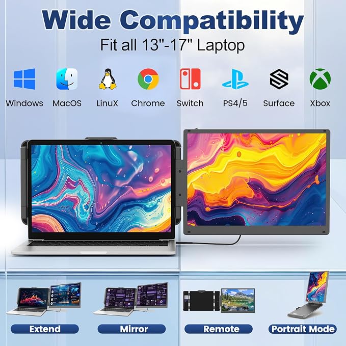 Cenerius 14" 2K Ultra-Clear Laptop Screen Extender, Portable Dual Monitor for 13-17 Inch Laptops, USB-C/HDMI Plug & Play IPS Display, Compatible with Mac/Windows/Android/Switch/PS5/Xbox