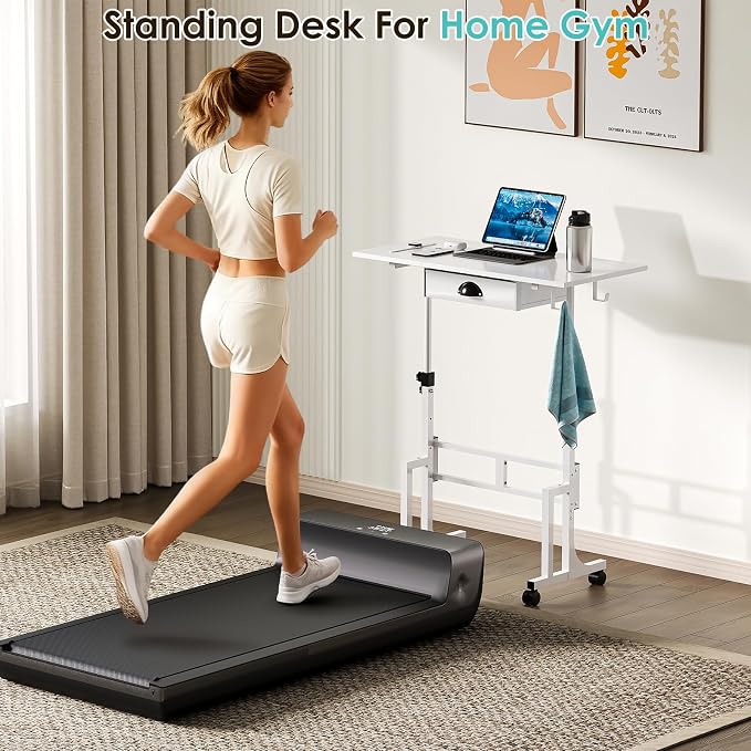 Small White Standing Computer Desk with Drawers,Height Adjustable Home Office Sit Stand Up Desk with 4 Wheels & 2 Hooks,Portable Rolling Work Study Gaming Table for Laptop Tablet Walking Pad Treadmill