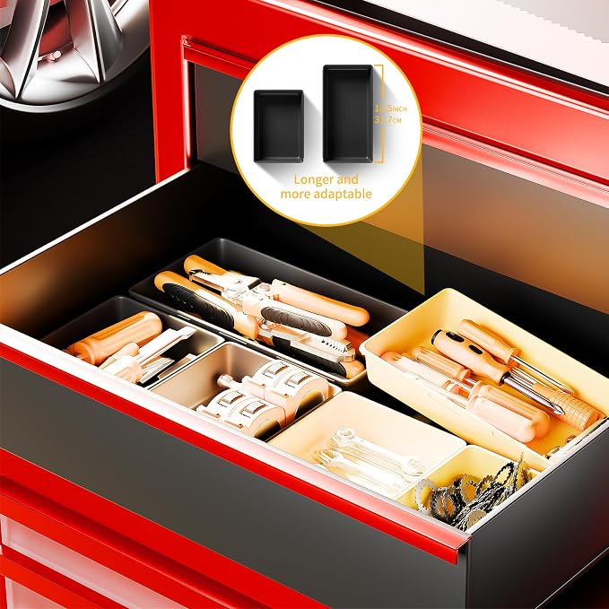 [5 Sizes] [69 PCS] Tool Drawer Organizer, Tool Box Tray, Desk Drawer Tray, Rolling Tool Chest, Toolbox Organzier (Black+Yellow)