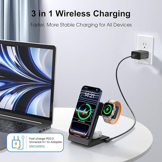 New Travel Foldable 3 in 1 Wireless Charging Station for Apple Magsafe Charger Stand,Fast Magnetic Wireless Charger Station for iPhone 17 Air 16 15 14 13 12 Series,Airpods Pro,Apple Watch Ultra-Black