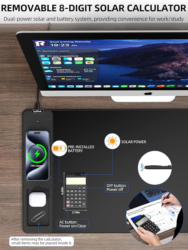 TopMade Mouse Pad with 15W Wireless Charging, Removable 8-Digit Solar Calculator, 31.5" x 15.75" XXL Large Desk Pad, Gaming Computer Keyboard Pad, Waterproof Mousepad Home Office Desk Mat, Black