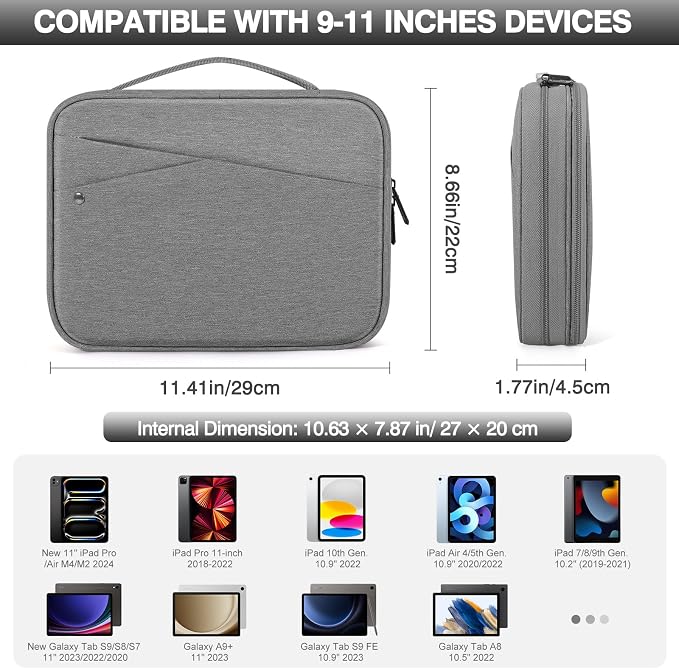 MoKo 9-11 Inch Tablet Sleeve Bag for New 11-inch iPad Pro M4 & Air M2 2024, iPad 10th Gen 10.9, iPad Air 5/4th 10.9, iPad 9/8th 10.2, Double Layer iPad Bag with Non-Slip Carrying Handle, Light Gray