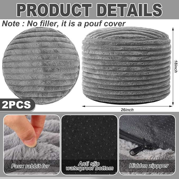 Teenyyou 2 Pcs 26 x 18 Inch Unstuffed Pouf Cover Ottoman Foot Rest - No Filler, Faux Rabbit Fur Foot Stool Floor Bean Bag Floor Chair Storage for Living Room Bedroom Home Decor(Gray)