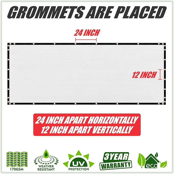 ColourTree Customized Size Fence Screen Privacy Screen White 8' x 167' - Commercial Grade 170 GSM - Heavy Duty - 3 Years Warranty - Cable Zip Ties Included
