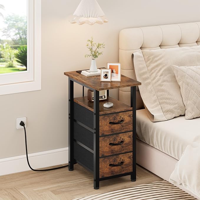 Vagusicc End Table with Charging Station, Narrow Side Table, Narrow Nightstand with 3 Fabric Drawers, Slim Sofa Side Table for Small Spaces, Small Night Stand for Bedroom, Rustic Brown
