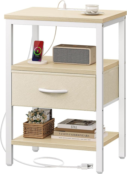 SUPERJARE Nightstand with Charging Station, Bed Side Table with Adjustable Fabric Drawer, Night Stand for Bedroom, 3-Tier Storage End Table, for Living Room, White Maple