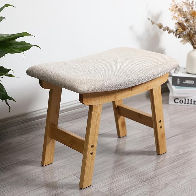 BAMBOO LAND- Bamboo Foot Stools Ottoman, Beige Cushion & Natural Wood Legs, Small Ottoman Foot Rest for Couch