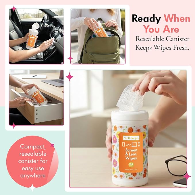 Well-Kept Tech & Lens Wipes - Eyeglass, Screen & Phone Cleaning, Multi-Surface, Lint-Free, Pre Moistened, Streak-Free & Non Scratching - NEW Size - Spring Break Canister, (120 Count)