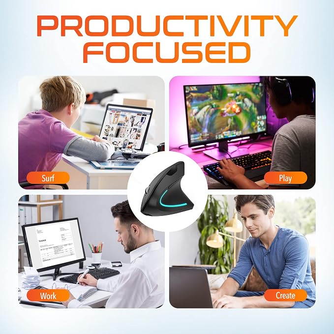 Delton Ergonomic Vertical Rechargeable Wireless Mouse with Auto Pair USB Dongle, 6 Buttons, 3 Adjustable DPI Levels (800/1200/2400), Compatible for PC, Laptop, Mac, Chromebook - Black