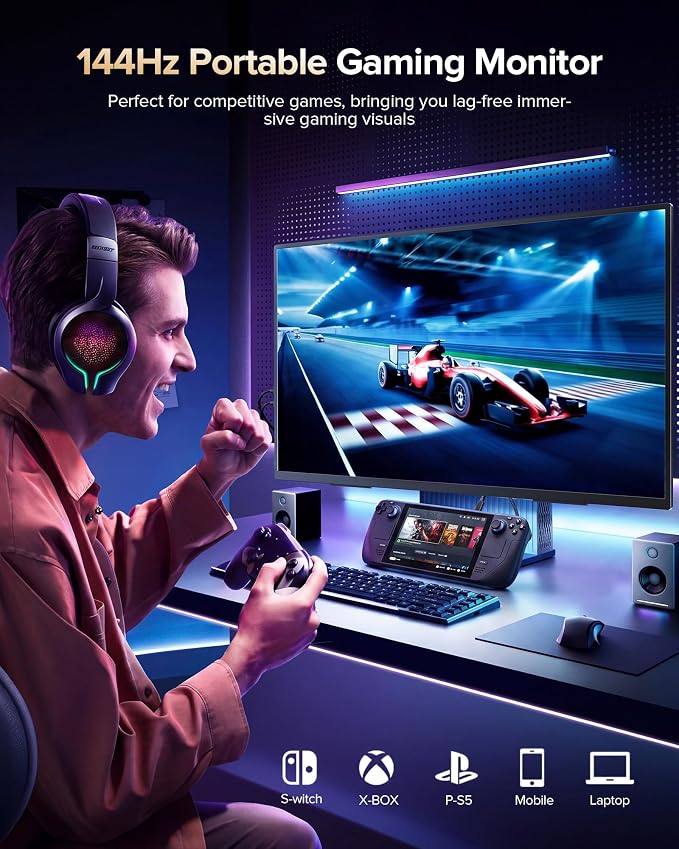 23.8'' QLED Portable Monitor 144Hz Gaming Monitor, 145%sRGB | 2000:1 | FreeSync Built-in Adjustable Stand, Speaker and VESA, USB-C HDMI Large Second Screen for Laptop, Mac-book, PC, Game Console